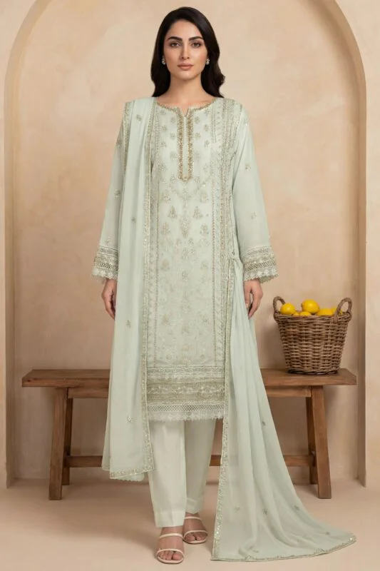 JHOMROO, Luxury Chiffon, Stitched 3 Piece, Hand Embroidered, Festive Wear, Pakistani Formal Wear.
