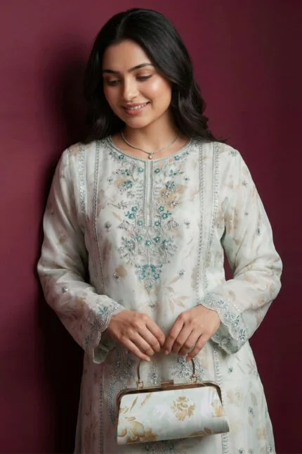 Luxury Embroidered Organza Suit EVA Collection with Clutch and Khosa