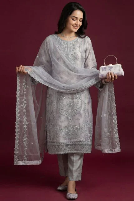 Luxury Embroidered Organza Suit EVA Collection with Clutch and Khosa