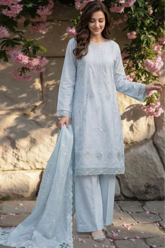 FARMAISH LUXURY SEMI-STITCHED EMBROIDERED CHICKEN KARI LAWN SUIT
