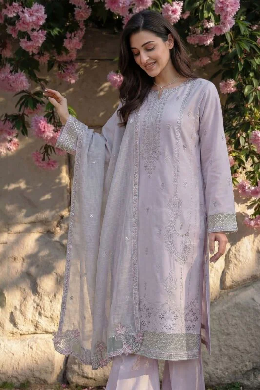 FARMAISH LUXURY SEMI-STITCHED EMBROIDERED CHICKEN KARI LAWN SUIT