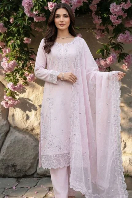 FARMAISH LUXURY SEMI-STITCHED EMBROIDERED CHICKEN KARI LAWN SUIT