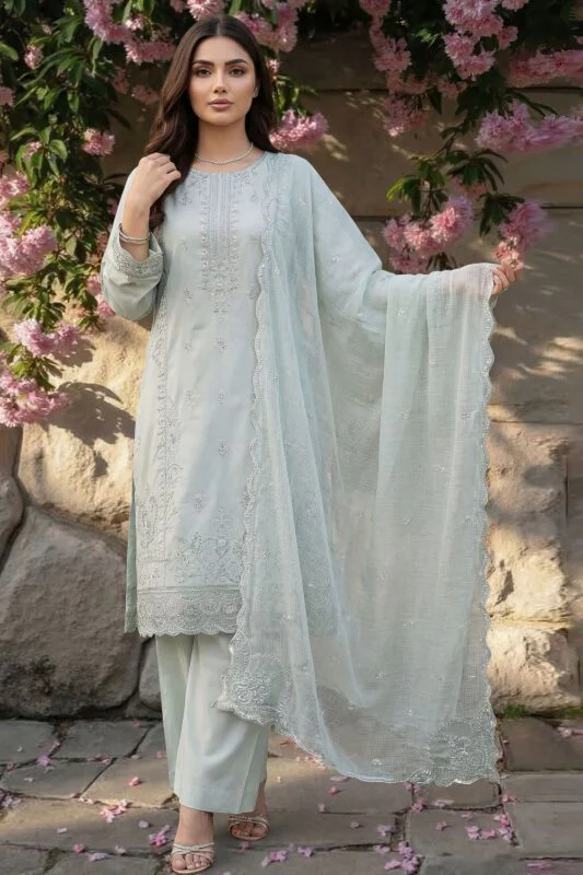 FARMAISH LUXURY SEMI-STITCHED EMBROIDERED CHICKEN KARI LAWN SUIT