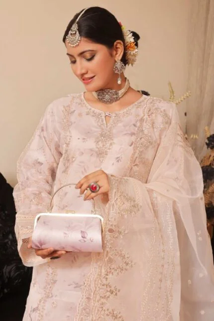 HALEEMA LUXURY SEMI-STITCHED EMBROIDERED ORGANZA SUIT