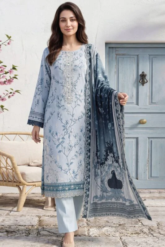 HEMLINE LUXURY UNSTITCHED CHIKEN-KARI EMBROIDERED TANA DORA LAWN SUIT