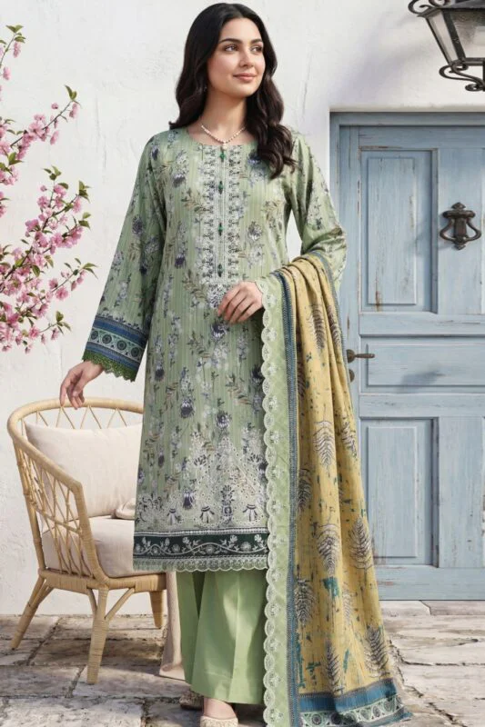 HEMLINE LUXURY UNSTITCHED CHIKEN-KARI EMBROIDERED TANA DORA LAWN SUIT