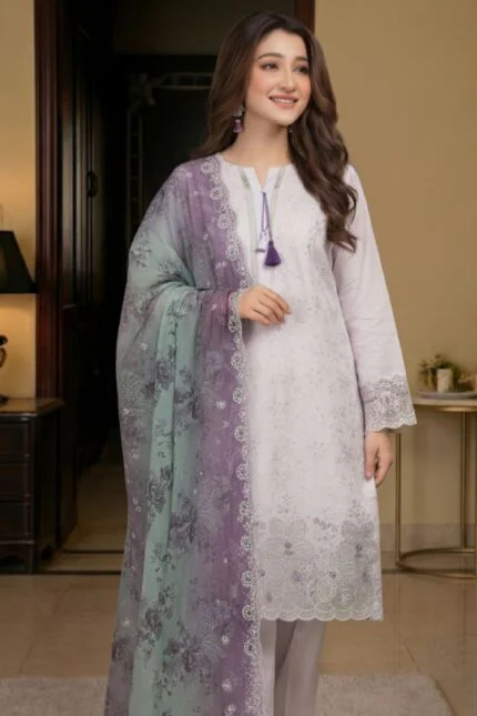 RAMEEN STITCHED LUXURY LASER-KARI EMBROIDERED LAWN SUIT