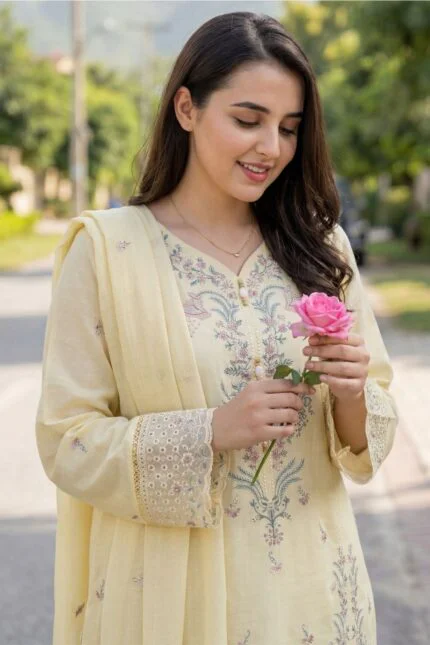 WADA BEST CHIKENKARI EMBROIDERED SLUB LAWN 3PC SUIT