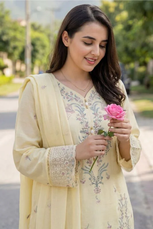 WADA BEST CHIKENKARI EMBROIDERED SLUB LAWN 3PC SUIT