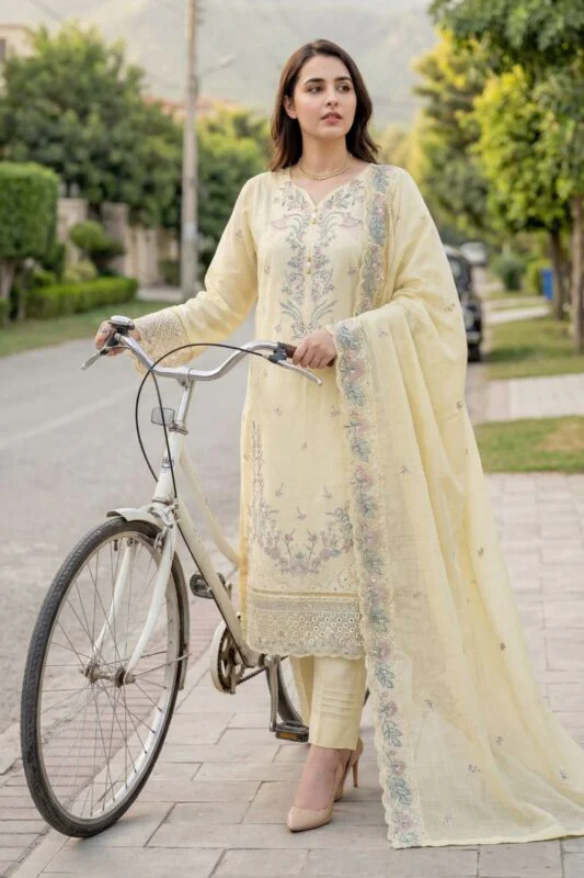 WADA BEST CHIKENKARI EMBROIDERED SLUB LAWN 3PC SUIT