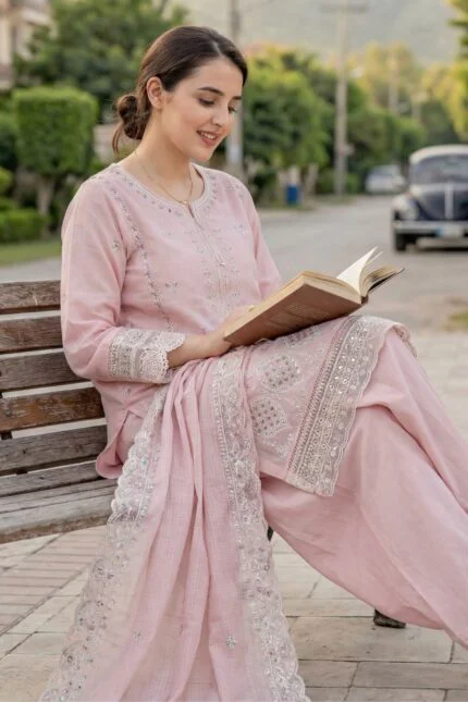 WADA BEST CHIKENKARI EMBROIDERED SLUB LAWN 3PC SUIT